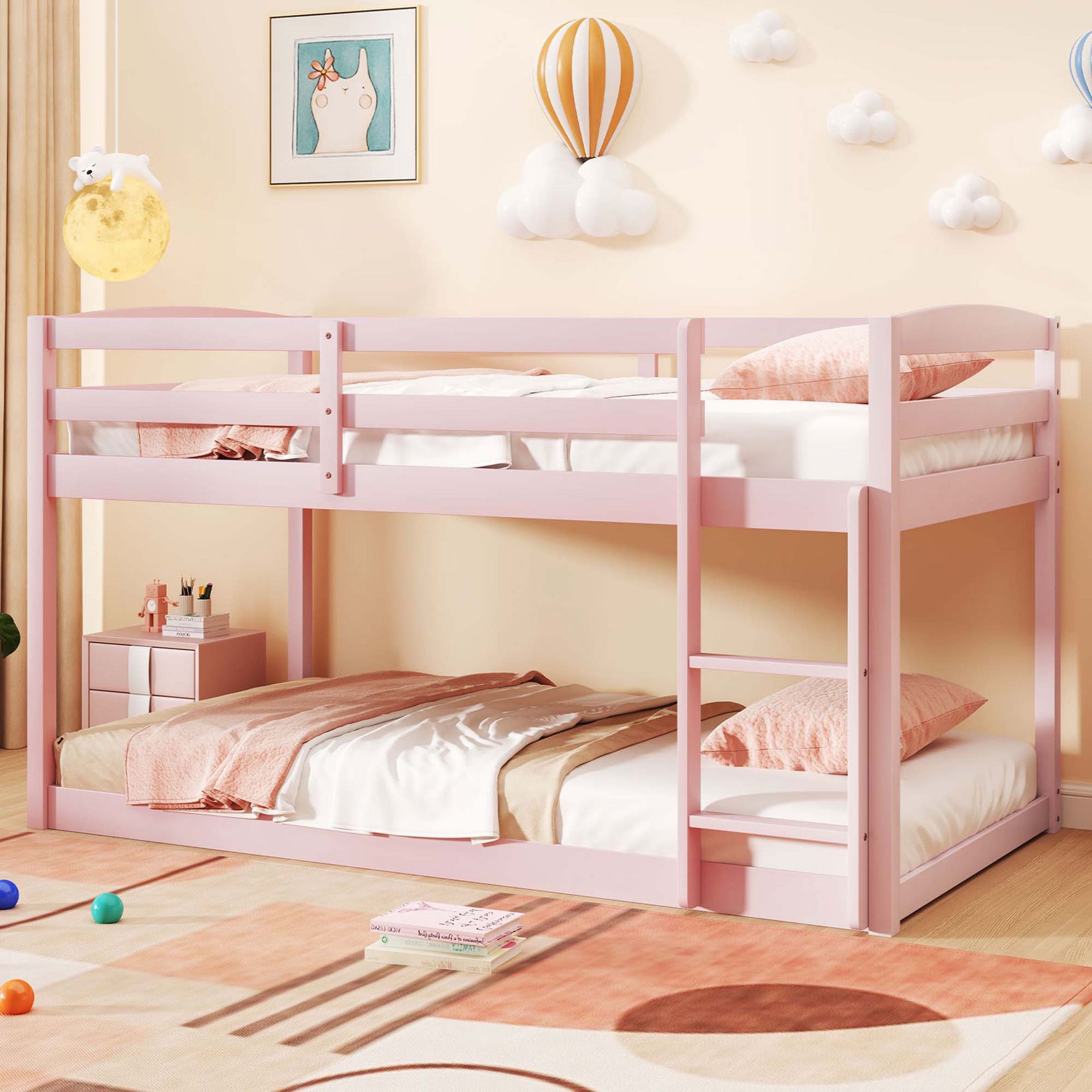 Costway Twin over Twin Low Bunk Bed with Guardrails Integrated Ladder Kids Wooden White Pink