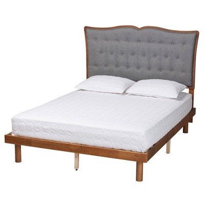 Baxton Studio Queen Elitia Fabric and Wood Platform Bed Gray/Walnut Brown: Upholstered Headboard, Rubberwood Frame, No Mattress Included