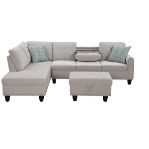 TiramisuBest Black Faux Leather L-Shaped Sectional Sofa with Storage Ottoman & Cup Holders, 3-Piece Couch for Living Room - 1 of 4