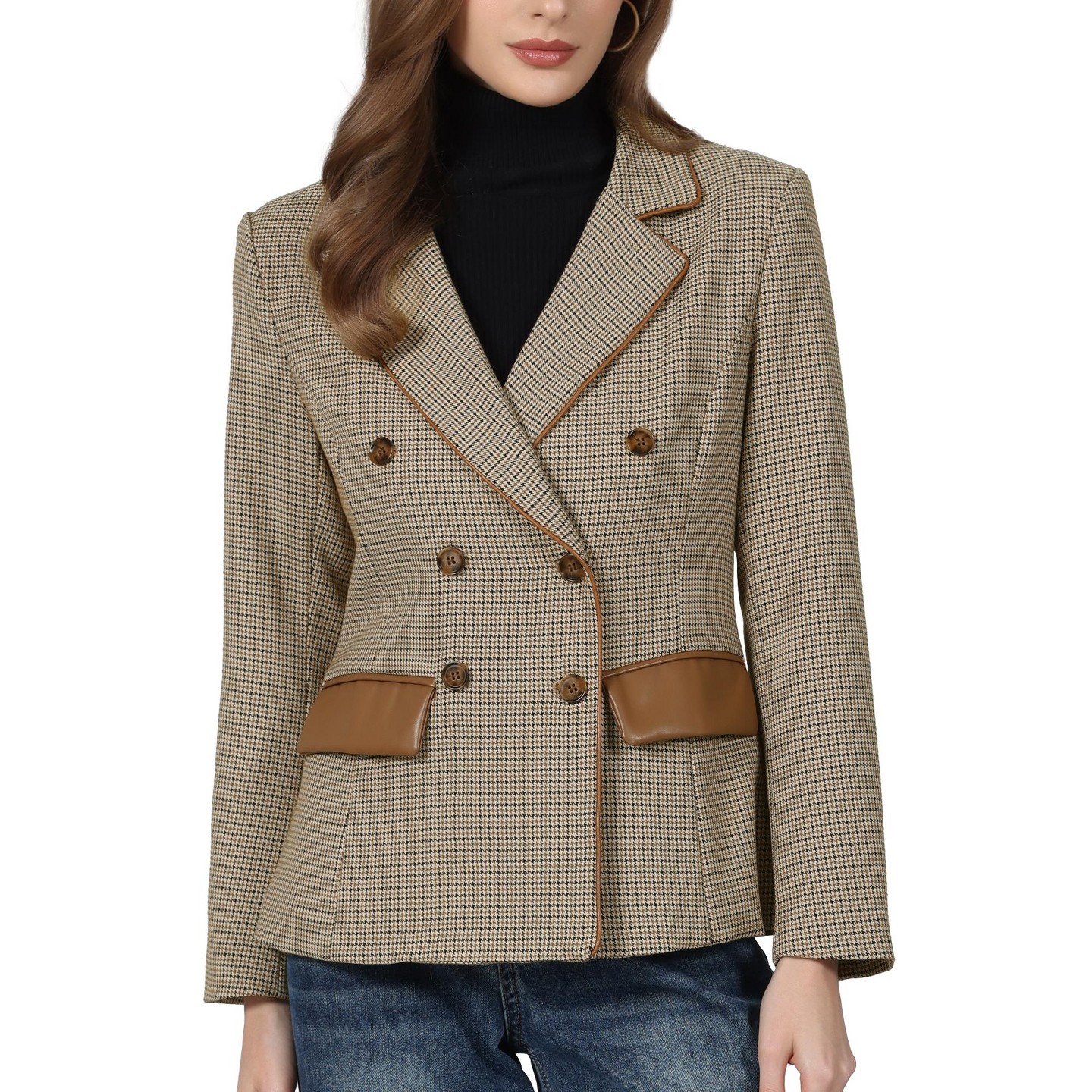Женский пиджак INSPIRE CHIC Long Sleeve Notched Lapel Plaid Casual Double Breasted Houndstooth Casual Business Blazer Medium Light Brown, цвет: Светлый коричневый — фото 1