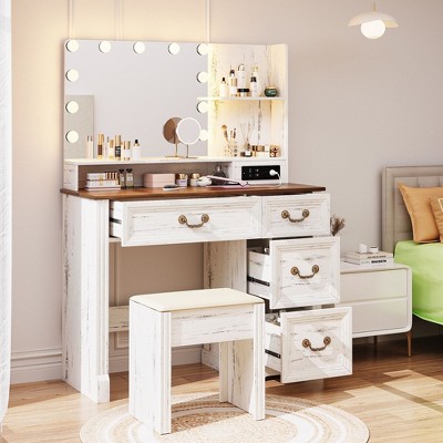 Fredees Vanity Desk: Lighted Mirror, Power Outlet, Rustic Makeup Table, Drawers, Stool, Hollywood Mirror with 3-Color Lights