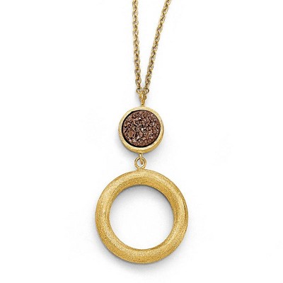 Black Bow Jewelry 14k Yellow Gold Brown Druzy Disc & Open Circle Drop Necklace, 17 Inch