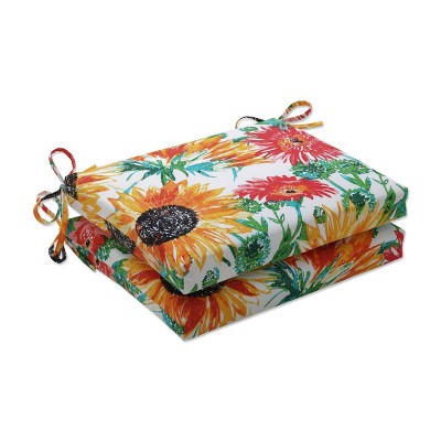 2pk Outdoor/Indoor Squared Chair Pad Set Sunflowers Sunburst Yellow - Pillow Perfect