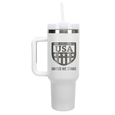 100 North USA United We Stand Flag Shield Wrap-Around 40 Oz. Stainless Steel Water Bottle Coffee Mug, Spill & Leak Resistant, Travel Tumbler with