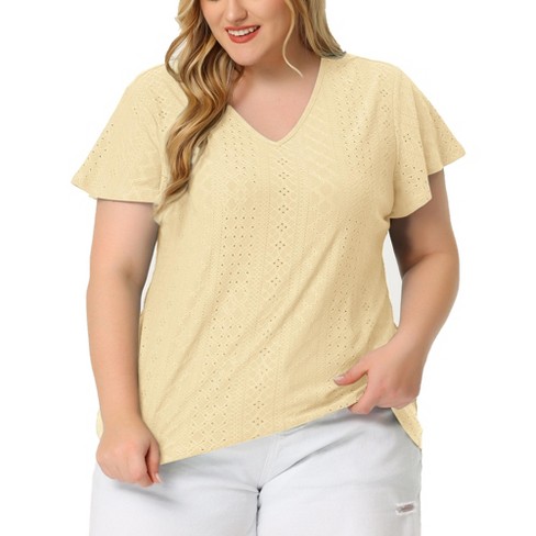 Agnes Orinda Women's Plus Size V Neck Eyelet Short Sleeve Casual Trendy  Blouse Yellow 3x : Target