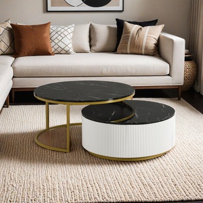 Modern Round Nesting Coffee Table Fluted with Drawer in 27.6" - Leovsnove