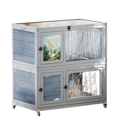 FURNIinspire Pet Crates and Houses Deluxe Two Story Rabbit Hutch with Slip Proof Ramps and Removable Trays, Grey, 35.4"*19.7"*36.6"