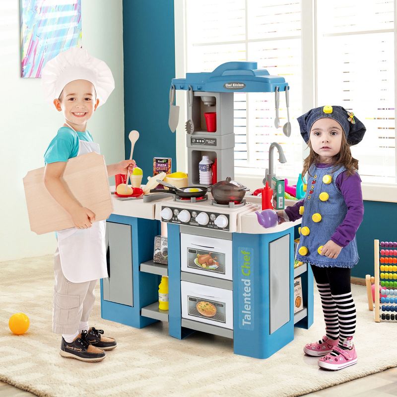 Costway  Large Plastic Play Kitchen Set W/ 67 Pcs Cooking Accessories Food &Realistic Lights & Sounds, 3 of 11
