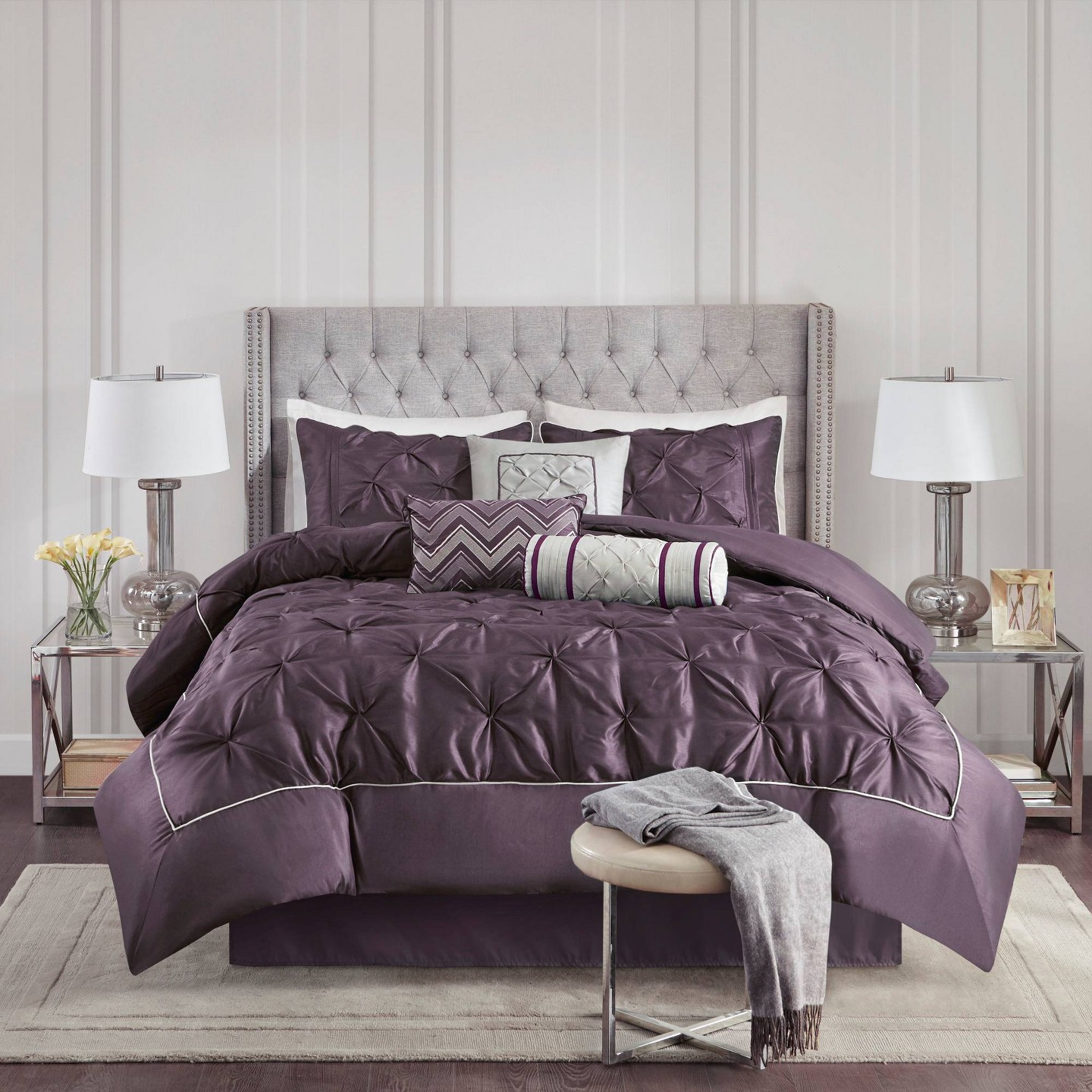 Комплект с одеялом Madison Park Piedmont 7 Piece Comforter Set - Plum (Queen): Luxury Hypoallergenic Bedding, Embroidered Details, Includes Shams & Pillows, цвет: Сливовый — фото 2