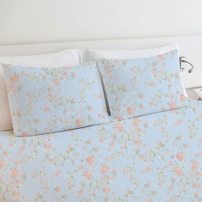 Full Floral Blue and Pink Cotton Microfiber Sheet Set