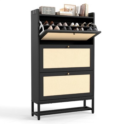 QingMoon Entryway Shoe Cabinet, Wood Shoe Rack, Modern Freestanding Shoe Storage Organizer with 3 Flip-Front Drawers for Hallway, Foyer