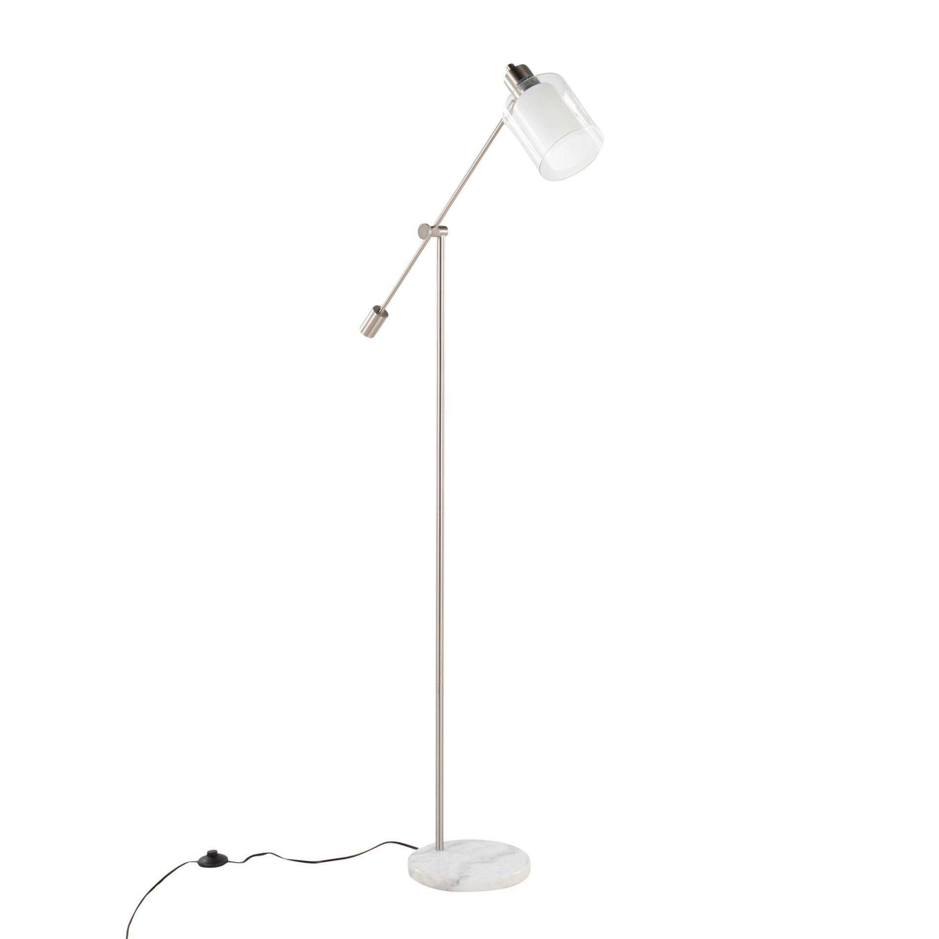 73" White Marble and Nickel Metal Floor Lamp with Clear and Frosted Glass Shade for Bedroom or Living Space