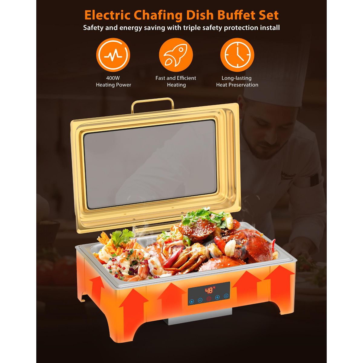 9QT Full-Size Electric Chafing Dish Set. Professional roll-top food warmer with precise touch screen thermostat and glass lid for catering - thumbnail 4