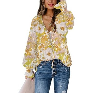 LEVEN SIXTEEN Boho Floral Long Sleeve V-Neck Tops - 1 of 3