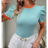 Women's Casual Puff Sleeve Striped Crew Neck Top short sleeve Blouse - 4 of 4