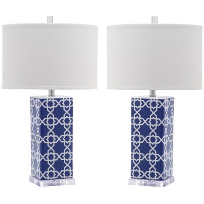 Navy and White Ceramic Table Lamp Set with Cotton Shade