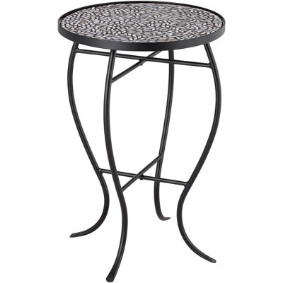 Teal Island Designs Modern Black Round Outdoor Accent Table 14" Wide Free-Form Mosaic Tabletop for Porch Patio Home House Balcony