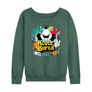 Women's - Disney - Mickey Never Bored Lightweight French Terry Wide Neck Long Sleeve Graphic Shirt - 1 of 4