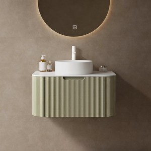 FAMYYT 30 in. Single Sink Floating Curved Edge Natural Bath Vanity with White Marble Top (Assembled), Green - 1 of 4