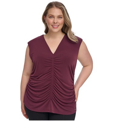 Calvin Klein Womens Shirred Front Sleeveless Blouse Top, Purple, 3X
