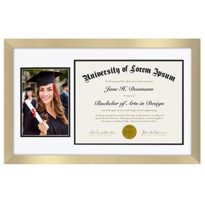 Americanflat 11x18 Graduation Frame in Gold Colored Wood with Two Opening Mat Displays - 5x7 Photo Frame and 8.5x11 Diploma Frame