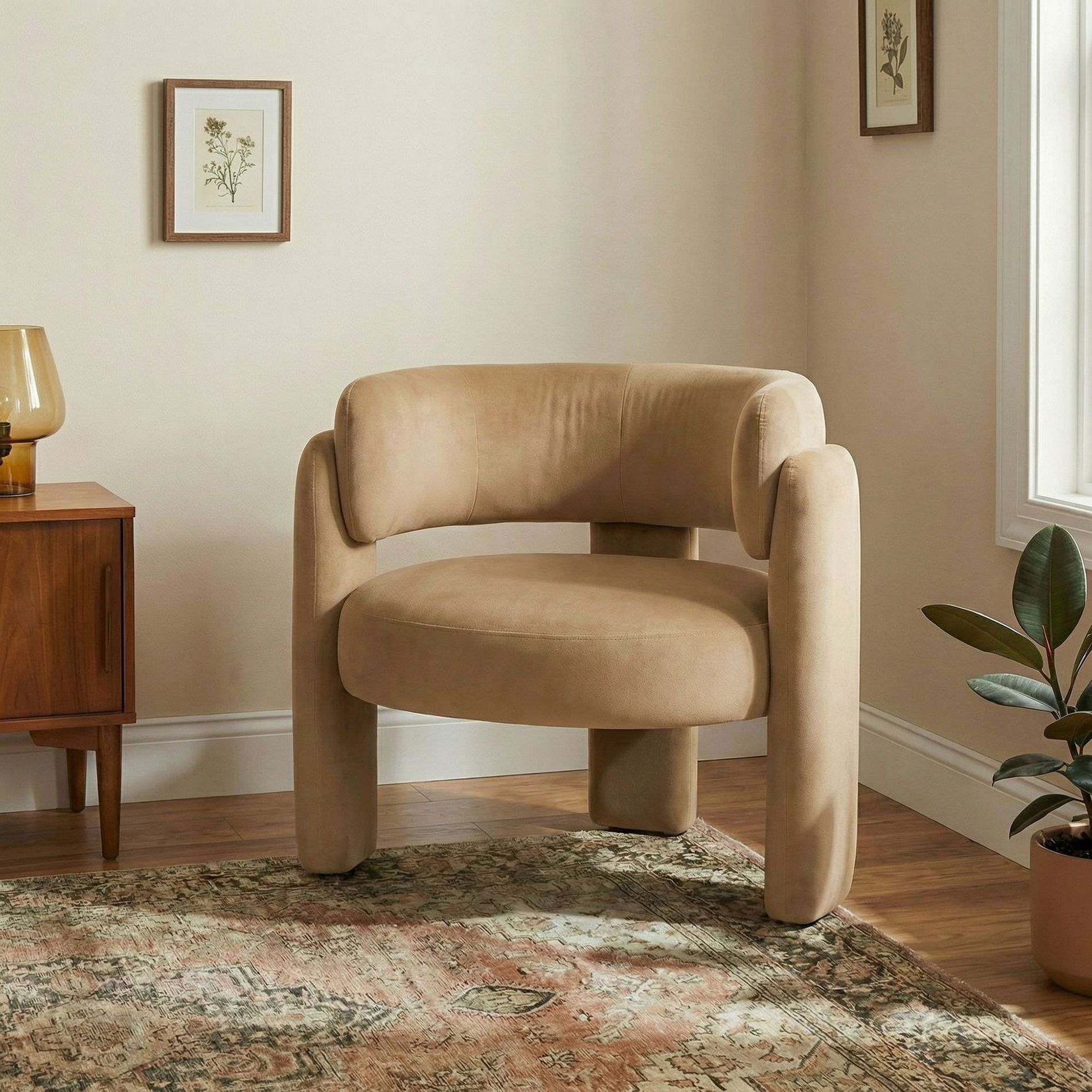 Ora Maison Velvet Accent Chair, Modern Upholstered Barrel Armchair with 3-Leg Design, Single Sofa for Living Room, Bedroom or Reading Nook,Khaki