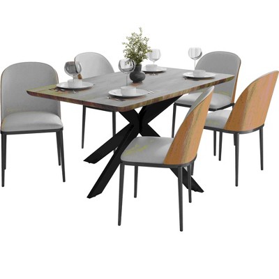LeisureMod Ravenna 6-Piece Dining Set - 63" Rectangular MDF Wood Dining Table, 5 Leather Dining Chairs