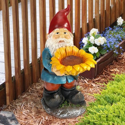 Colorful Resin Garden Gnome with Sunflower Bird Feeder