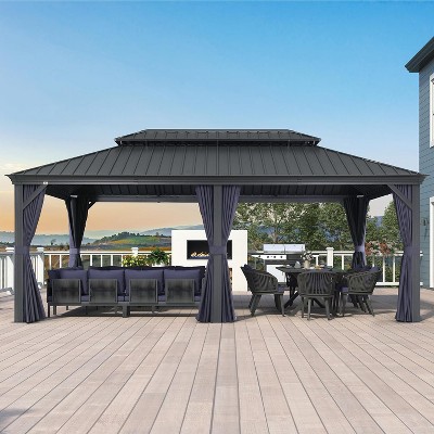 PURPLE LEAF Permanent Hardtop Gazebo Aluminum Gazebo with Galvanized Steel Double Roof for Patio Lawn and Garden with Curtains and Netting