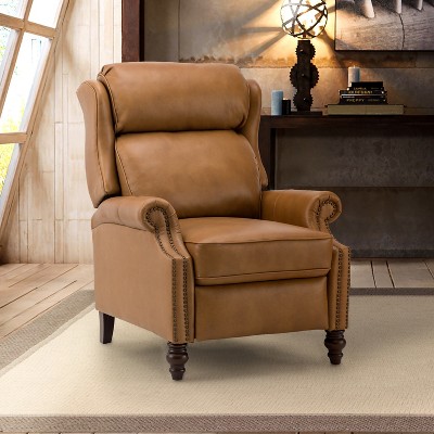 Ripheus Genuine Leather Manual Recliner with Nailhead Trims and Solid Wood Legs | KARAT HOME