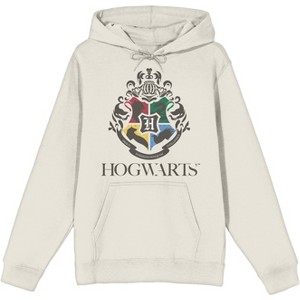 Harry Potter Minimal Hogwarts Crest Long Sleeve Natural Unisex Adult Hooded Sweatshirt - 1 of 2