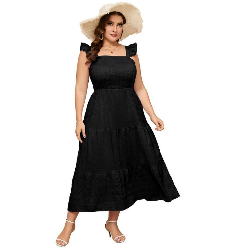 Women Plus Size Sleeveless Maxi Dress Smocked High Waist Tiered Ruffle Summer Casual Midi Dress, 1 of 9