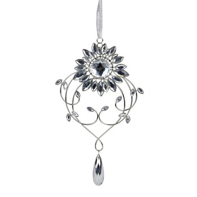 Allstate Floral 7.75" Silver Flower Jeweled Drop Christmas Ornament