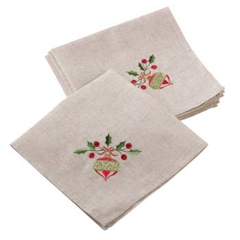 Saro Lifestyle Embroidered Ornament Holly Design Holiday Linen Blend Napkin - Set of 4