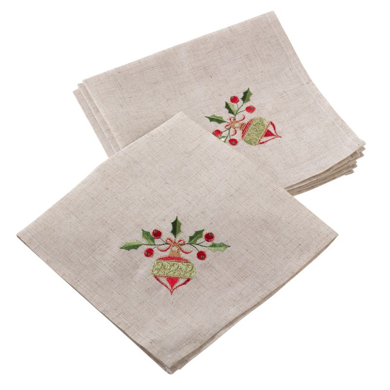 Saro Lifestyle Embroidered Ornament Holly Design Holiday Linen Blend Napkin - Set of 4, 1 of 3