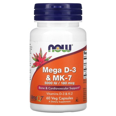 Now Foods Mega D-3 & MK-7, 180 mcg (5,000 IU), 60 Veg Capsules, Vitamin D