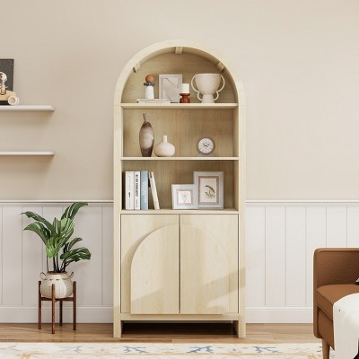 70" Arched MDF Wood Storage Console Bookshelves,Modern Kitchen Pantry with Doors and Adjustable Shelves,Living Room Display Cabine-Baofuwish