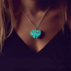 Glow in the Dark Heart Necklace - Luminous Halloween Jewelry with Fluorescent Stone - 1 of 4