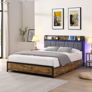 Sapphtopaz Bed Frame with Storage Headboard & 4 Drawers, Stylish Platform Bed in Brown and Gray for Small Bedrooms, Adults & Families - 1 of 4