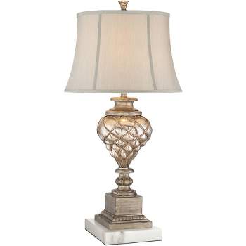 Barnes and Ivy Luke Traditional Table Lamp with Square White Riser 30 1/2" Tall Silver Glass LED Nightlight Off White Bell Shade for Bedroom Bedside