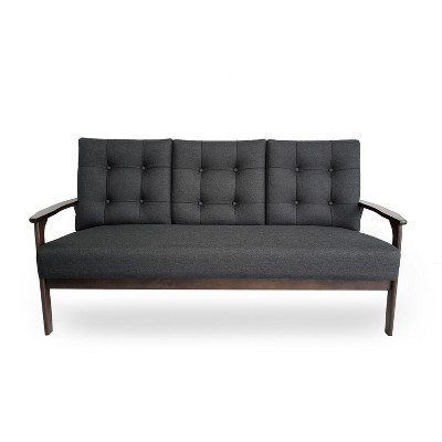 GDFStudio Beacon Mid-Century Modern 65.60" Upholstered and Rubberwood 3 Seater Sofa, Charcoal Gray/Walnut