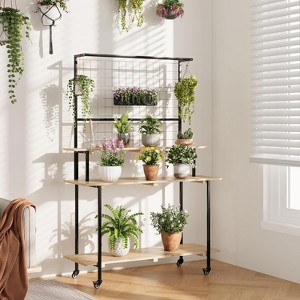 3-Tier Rolling Plant Stand – Adjustable-Height Wooden Shelf with Lockable Wheels, 200-LB Capacity, Multi-Use for Indoor/Outdoor Home & Garden - 1 of 4
