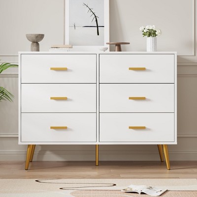 6 Drawer Dresser for Bedroom, White Dresser Organizer with Golden Handles and Support Legs, 6 Chest of Drawers for Hallway, Living Room and Entryway