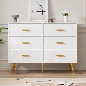 6 Drawer Dresser for Bedroom, White Dresser Organizer with Golden Handles and Support Legs, 6 Chest of Drawers for Hallway, Living Room and Entryway - 1 of 4