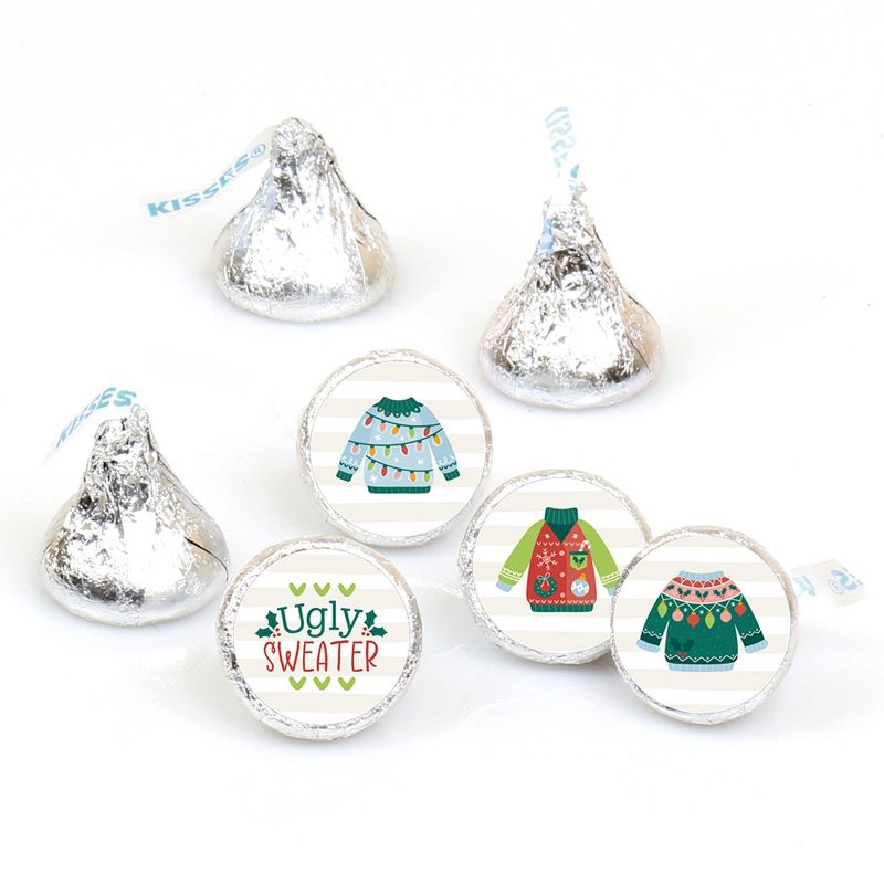 Big Dot of Happiness Colorful Christmas Sweaters - Ugly Sweater Holiday Party Round Candy Sticker Favors - Labels Fits Chocolate Candy (1 sheet of, 1 of 6