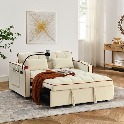 55.51 inch Velvet Versatile Foldable Sofa Bed in 3 Lengths with Adjustable Back, USB port and Swivel Phone Stand -  Maison Boucle