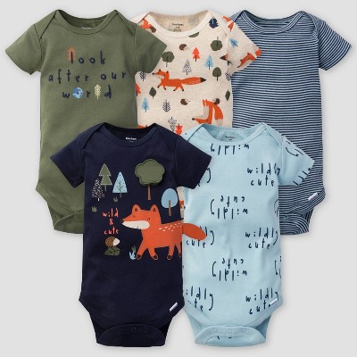 Image of Gerber Baby Boys' 5pk Fox Short Sleeve Onesies - Green/Off-White/Blue