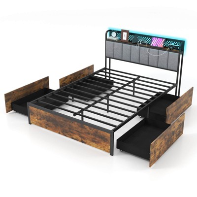 Infans Full Size LED Bed Frame w/ Charging Station Upholstered Headboard 4 Drawers