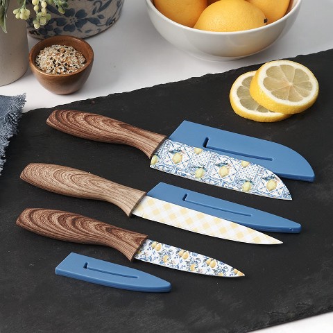 The Lakeside Collection Kitchen Knife Set with Sheaths - Lemon Print -