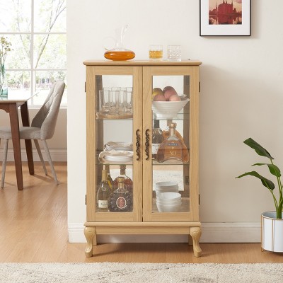 Wooakway Cherry Lighted Curio Cabinet with 2 Tempered Glass Doors Mirrored Back Panel Adjustable Shelves Display Case for Home Office Bulb Included